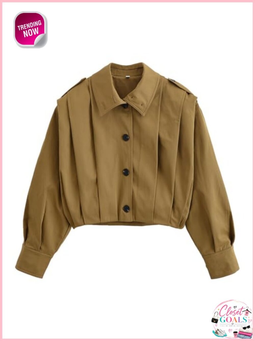 Cropped Pleated Trench Coat Short Button Down Casual Jacket